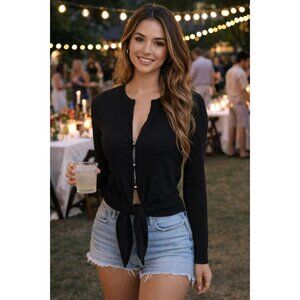 LNA size small, black, ribbed, long-sleeve, hook-eye tie front